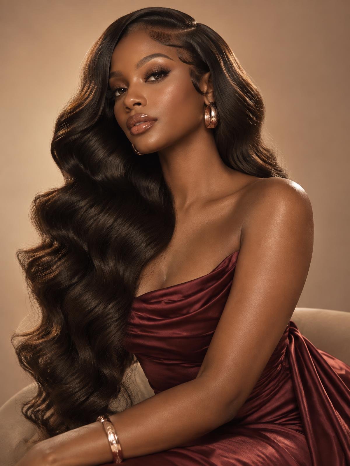 Glossy body wave install with soft glam